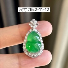 缅甸天然冰绿翡翠葫芦吊坠 18K金镶嵌福禄挂件 A货翡翠葫芦坠子