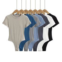 歐美復古夏季圓領螺紋短袖T恤修身收腰連體衣彈力打底衫多色