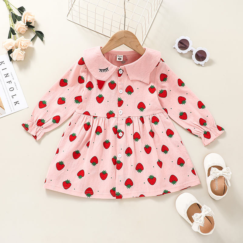 Fashion Children's Pink Strawberry Print Long-sleeved Dress Wholesale Nihaojewelry display picture 1