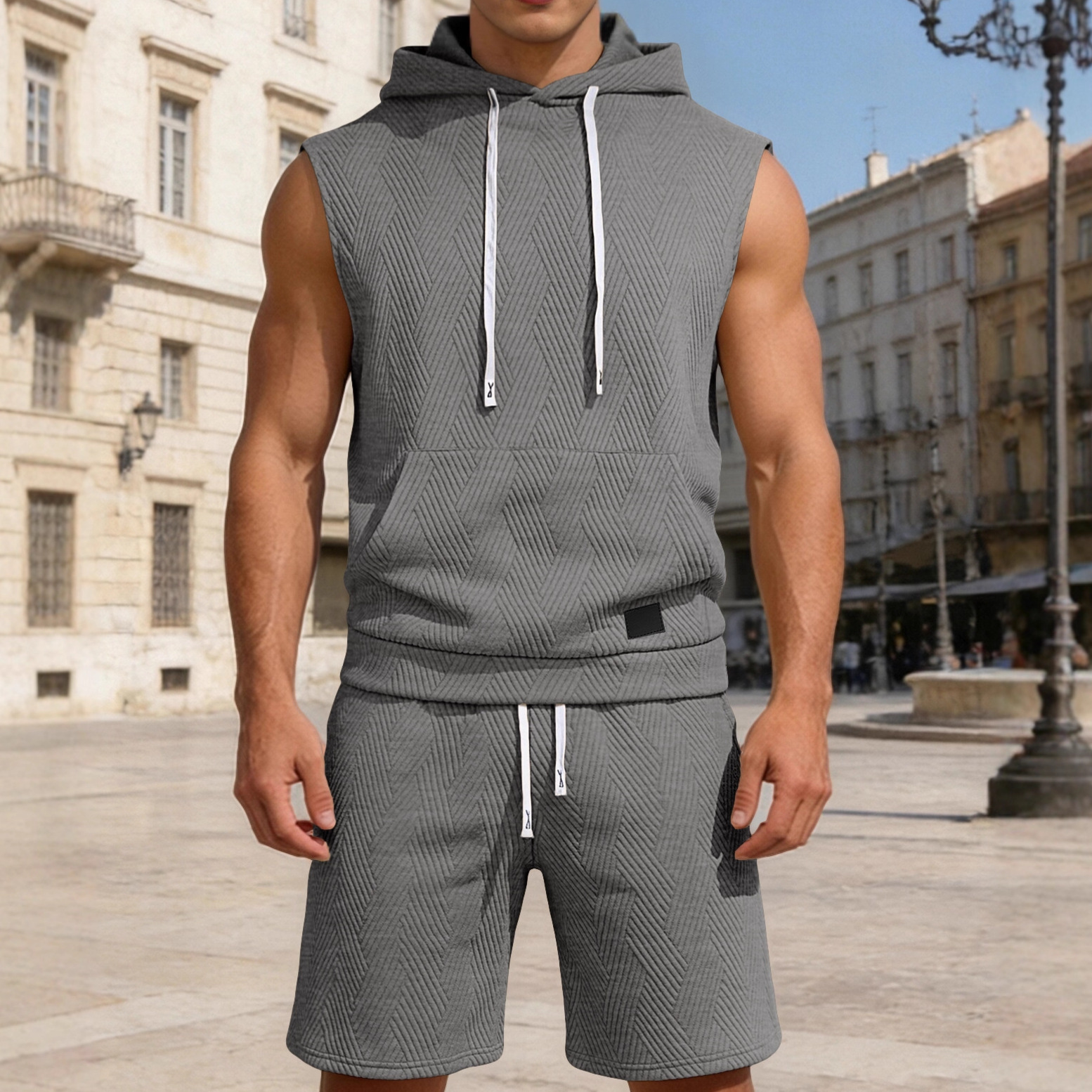 Monochrome Man- Cross-Border Solid Color Jacquard Knitted Hooded Sleeveless European And American Casual Sports Vest Shorts Set_viptrois.com