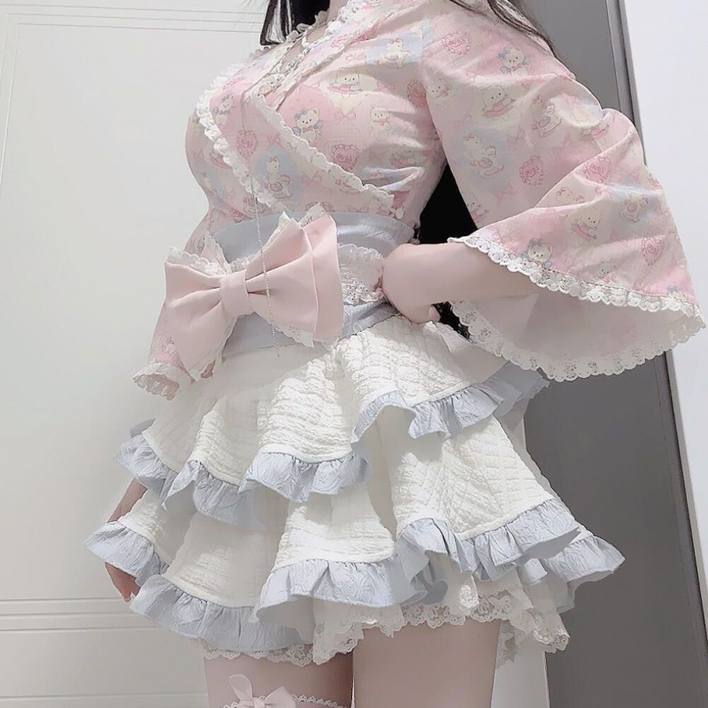ロリータスカート、ガーリー花柄スーツ、プリントトップス、リボンケーキガードル、日本製スリーピースチュチュスカート|undefined
