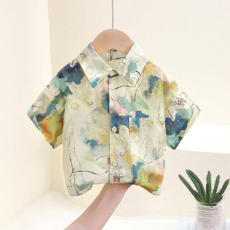 7847 Camisa de manga corta de verano para niños 2025 Camisa de pintura en tinta guapa para niños de nuevo estilo Camisa de media manga para bebés Tapa fina