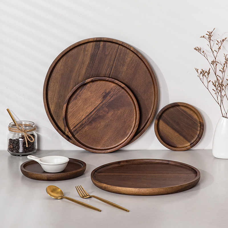 Cross-Border Japanese Style Wooden Large Round Plate Extra Large Tray Waterproof Retro Tea Tray 40cm Outdoor Camping Style Dining Table Plate