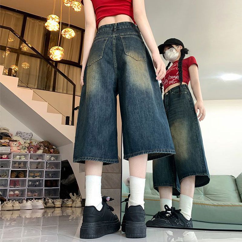 American High Street Retro Wide-Leg Three-Quarter Denim Mid-Pants for Women Summer New High-Waist Slim Loose Straight Shorts