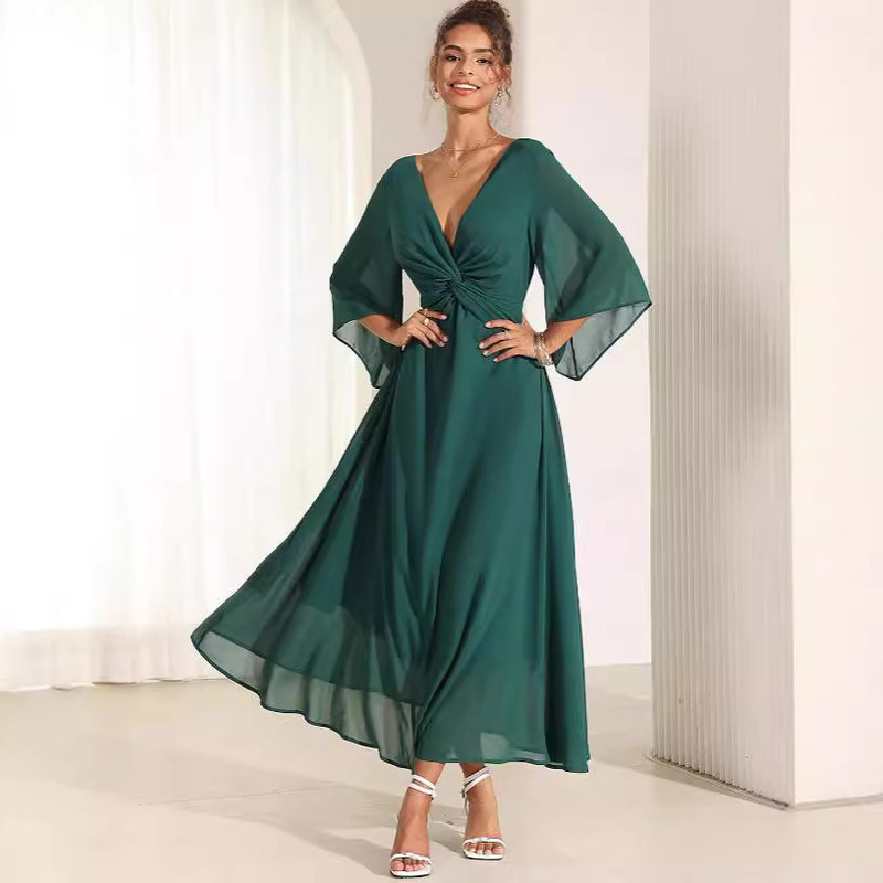 2024 Cross-border Amazon Temu Solid Color V-neck Horn Sleeve Super Long dress Party 3/4 Long Sleeve