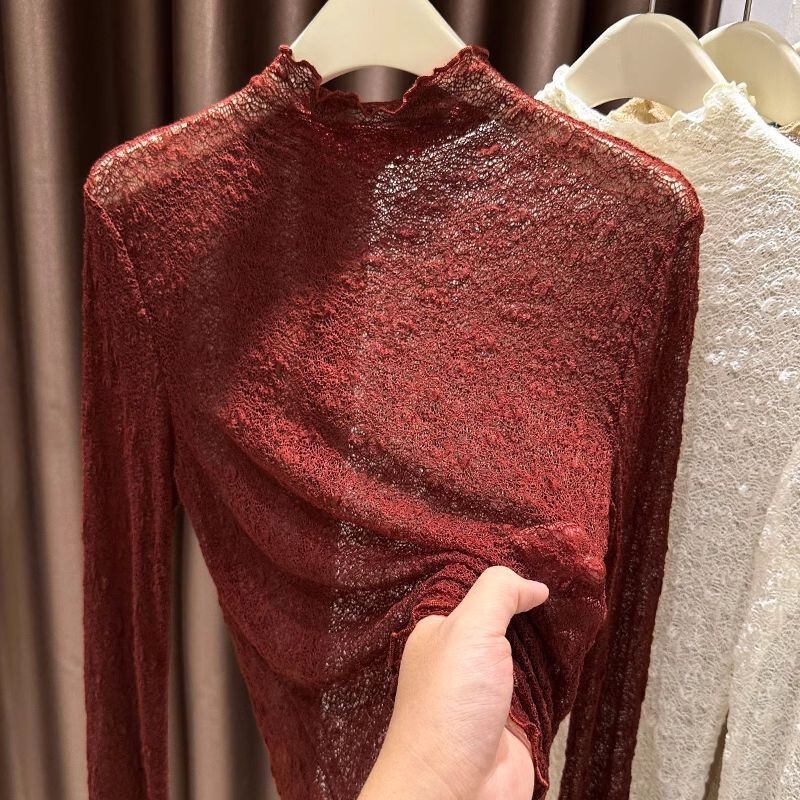 Red Lace Long-sleeved Base Shirt Women's Spring and Autumn Half-turtleneck High-grade Ear Mesh T-shirt Top