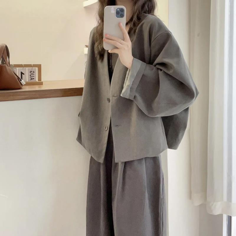 长袖V字领宽松时尚外套女2025秋季英伦风纯色通勤百搭开衫上衣潮|undefined