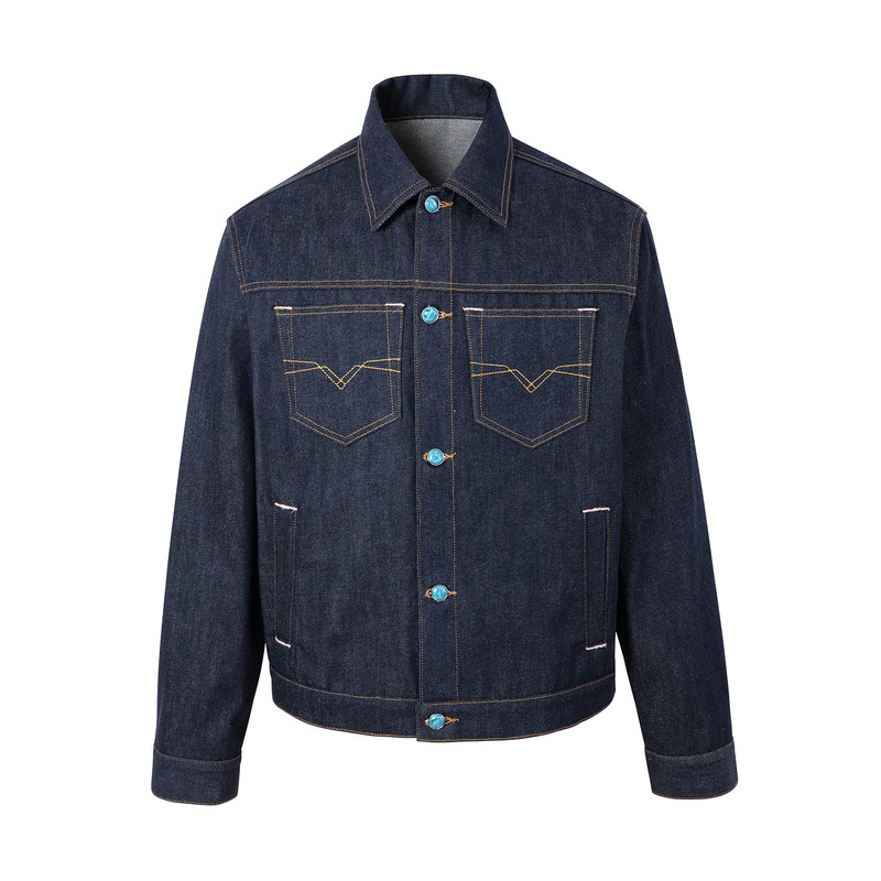 Denim Blue Lapel Faux Turquoise Straight-Shoulder Denim Jacket for Men, Spring and Autumn Season, with Visible Stitching Design, Oversized Short Jacket Denim Blue Lapel Faux Turquoise Straight-Shoulder Denim Jacket for Men, Spring and Autumn Season, with Visible Stitching Design, Oversized Short Jacket