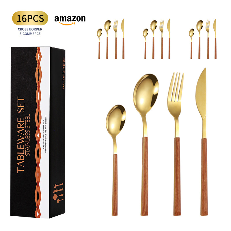 Mango de madera de acero inoxidable vajilla Juego de 16 piezas cuchillo y tenedor cuchara mango de madera de estilo coreano vajilla de acero inoxidable traje de lujo ligero caja de regalo