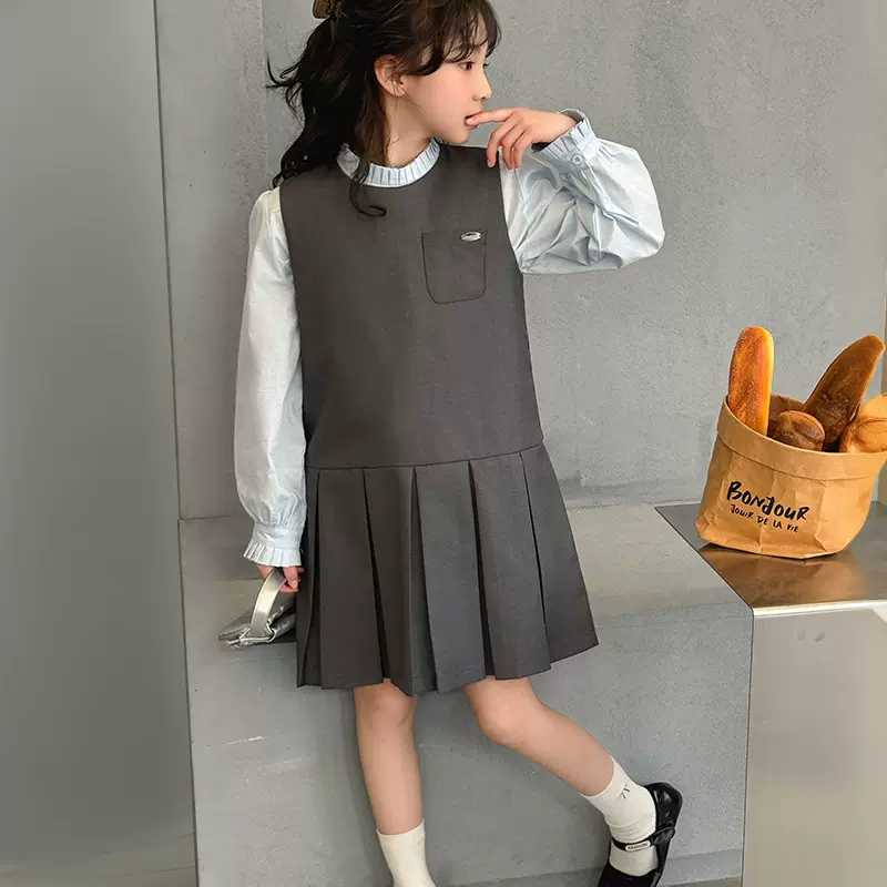 女童2025年秋季新款连衣裙中大童春秋韩版马甲衬衫裙时髦百褶裙子