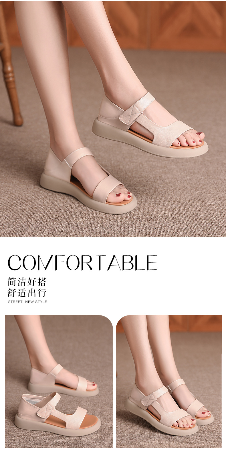 Sandal nữ đế bệt da thật mềm quai chữ V đi biển hằng ngày — Màu đen chi tiết 19