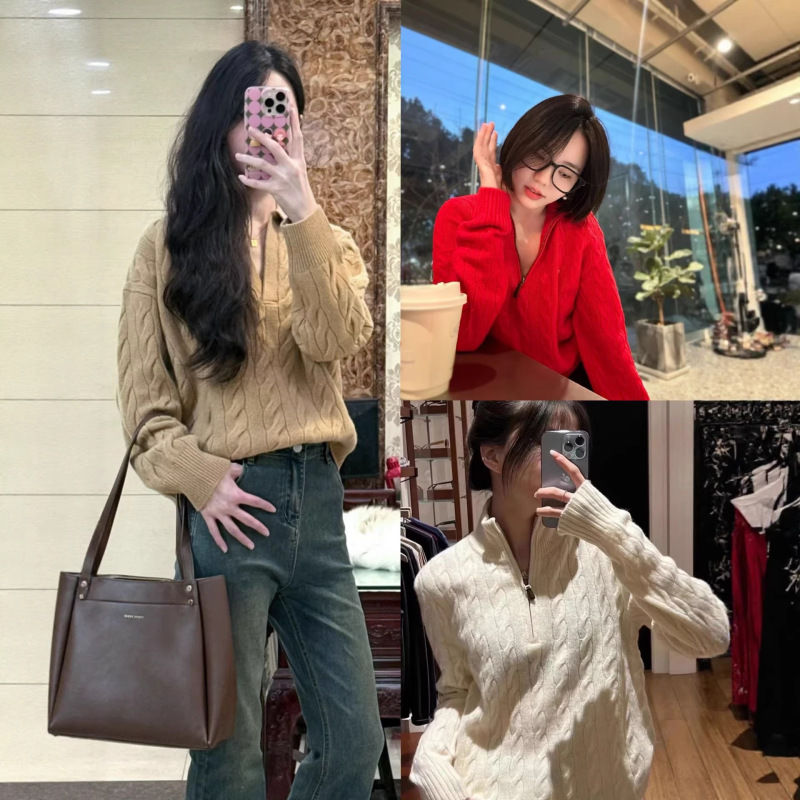 Ralph Pony Mark Half-Zip Wool Sweater Women's Twisted Knitted Men's and Women's Half-Turtleneck Sweater Wool Version