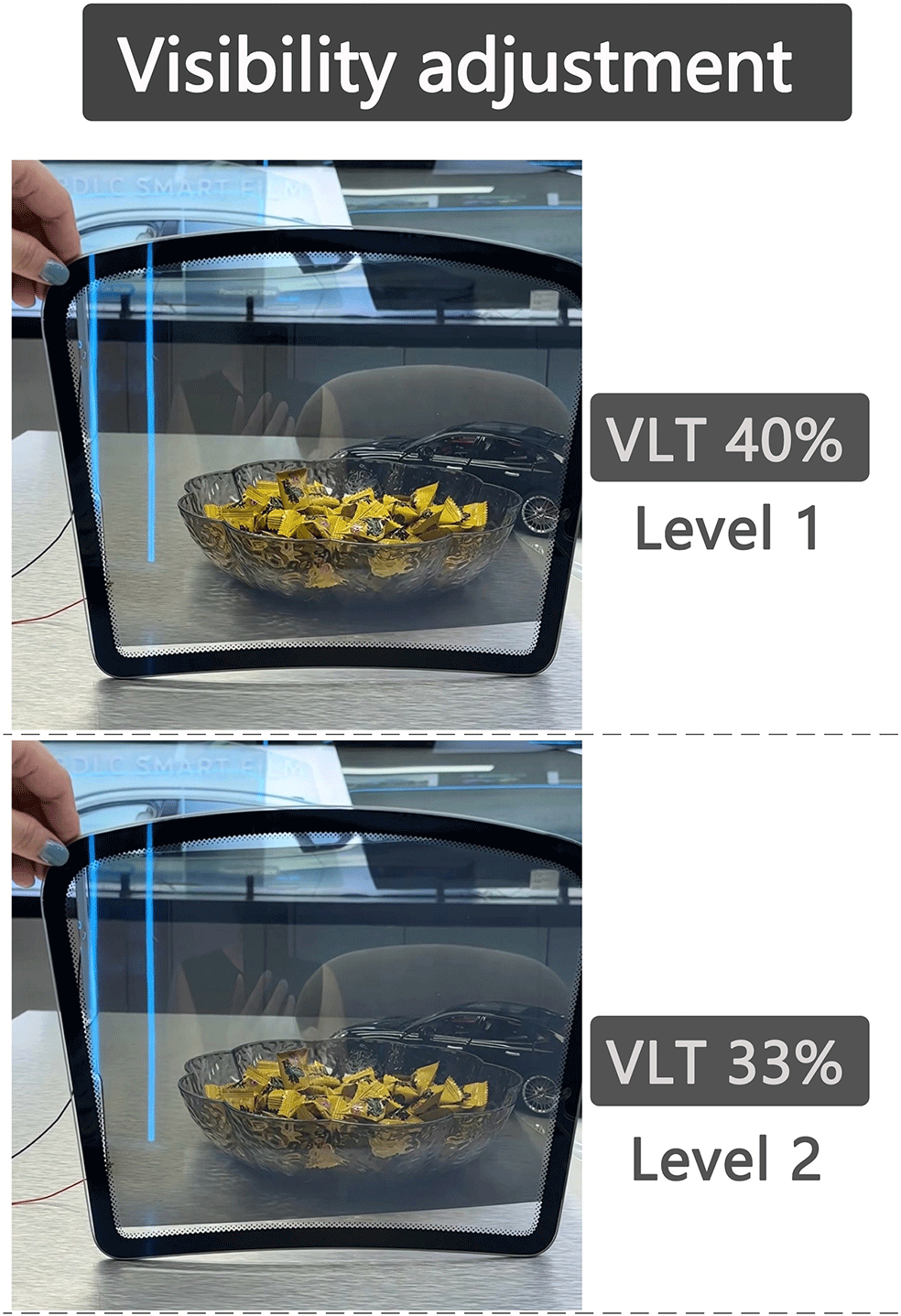 12V car DLC dye liquid crystal film, intelligent dimming film, electronically controlled car window glass film, heat insulation film, remote control color changing film