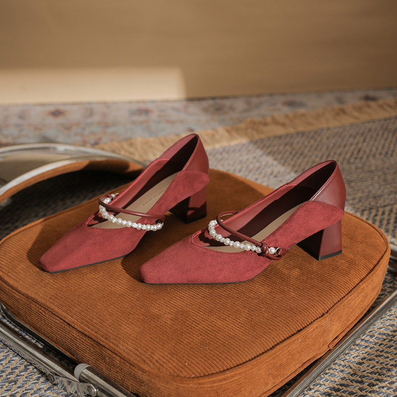 5998 High-End-Temperament, grober Absatz, kleine quadratische Zehenpartie, flacher Mund, Perlenkette, bequeme Zwei-in-Eins-Damenschuhe_voghion.com