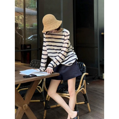 韓国風白黒ストライプ長袖日焼け止めTシャツ、エアコンシャツ、女性用夏用キャミソールニット、ゆったりスタイルの薄手ブラウス