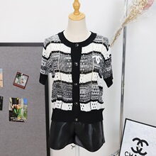 2025年夏季新款韩版时尚百搭圆领条纹针织开衫短袖内搭外穿上衣女