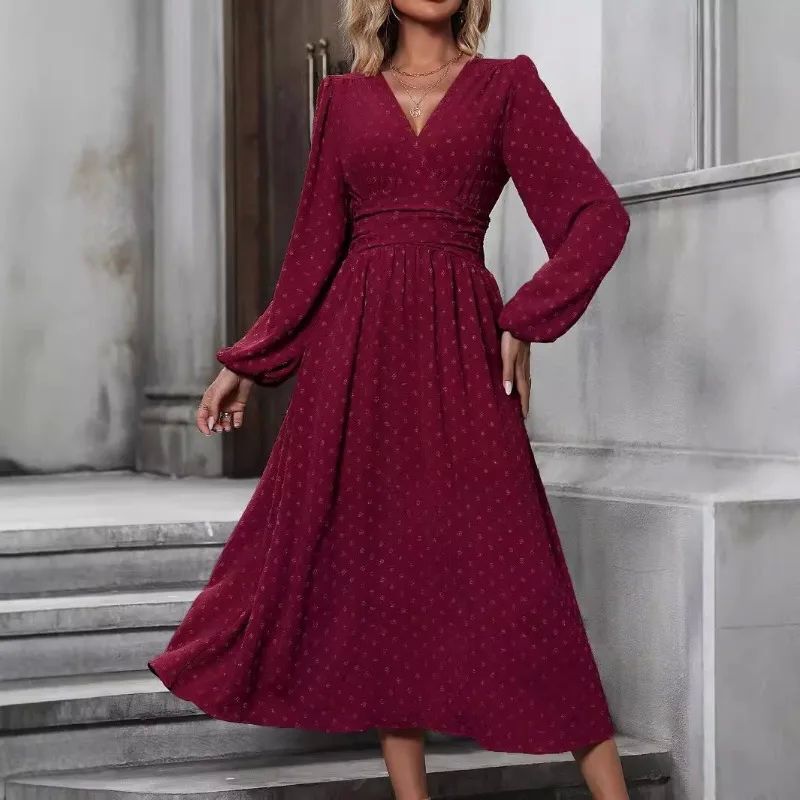 Waist up Long Sleeved V-Neck Dress Women's Waist Long Sleeved V-Neck Long Dress