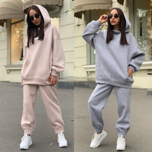  Amazon Women's New Autumn/Winter Fashionable Solid-Color Hoodie Sweatshirt Casual Two-Piece Set