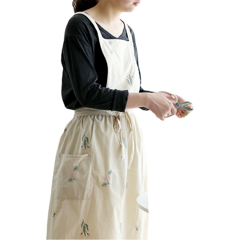 2024 nuevo estilo coreano bordado delantal transfronterizo puro algodón impermeable flor encaje-arriba delantal de bolsillo al por mayor