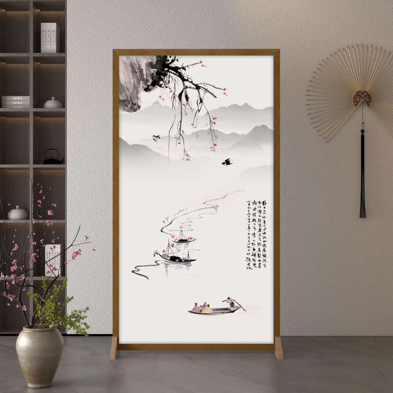 新中式简约现代隔断入户布艺遮挡客厅木质屏风玄关装饰移动座屏风|undefined
