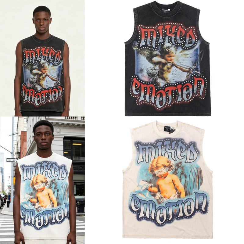 MIXED EMOTION Blurry Angel Rhinestone American Street Style Sweat Vest Hip Hop Unisex Sleeveless T-Shirt Trendy MIXED EMOTION Blurry Angel Rhinestone American Street Style Sweat Vest Hip Hop Unisex Sleeveless T-Shirt Trendy