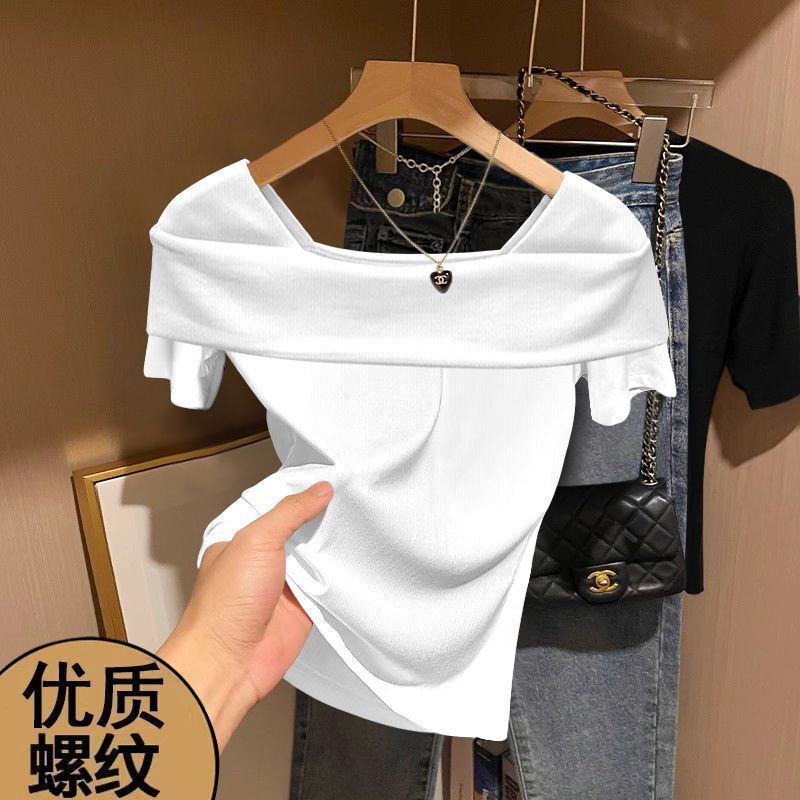 シンプル通勤無地レギュラーフィットワンショルダー半袖トップスインナー韓国風カジュアル体型カバーTシャツレディース|undefined