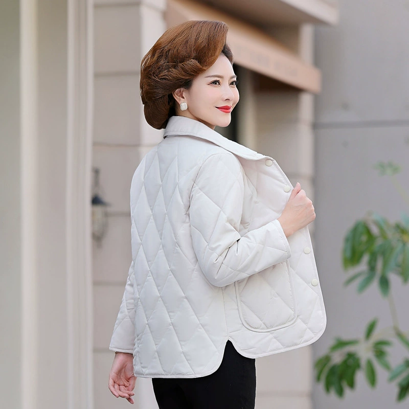 Demi-season down jacket for mother, winter short light and thin trench coat with down, for middle age, plus size