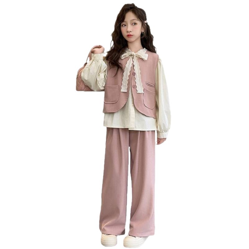 女童秋装套装2025新款大童秋季时髦潮范衬衫马甲阔腿裤女孩三件套|undefined