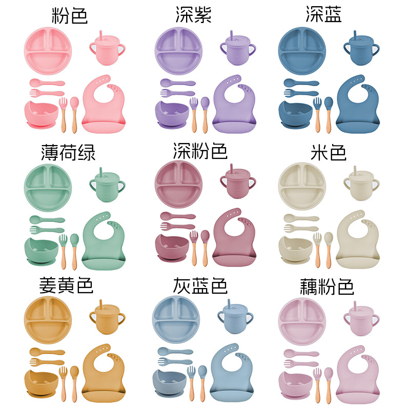 Conjunto de cubiertos de silicona de 8 piezas pequeños platos de succión copas de paja de silicona cuenco delantal cuchara horquilla plato de bebé al por mayor