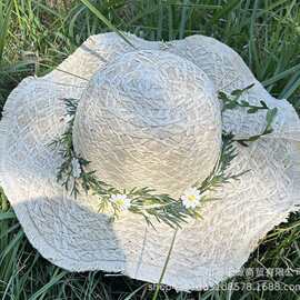 夏季海边沙滩度假风拍照花朵大帽檐草帽女百搭简约遮阳防晒帽子潮