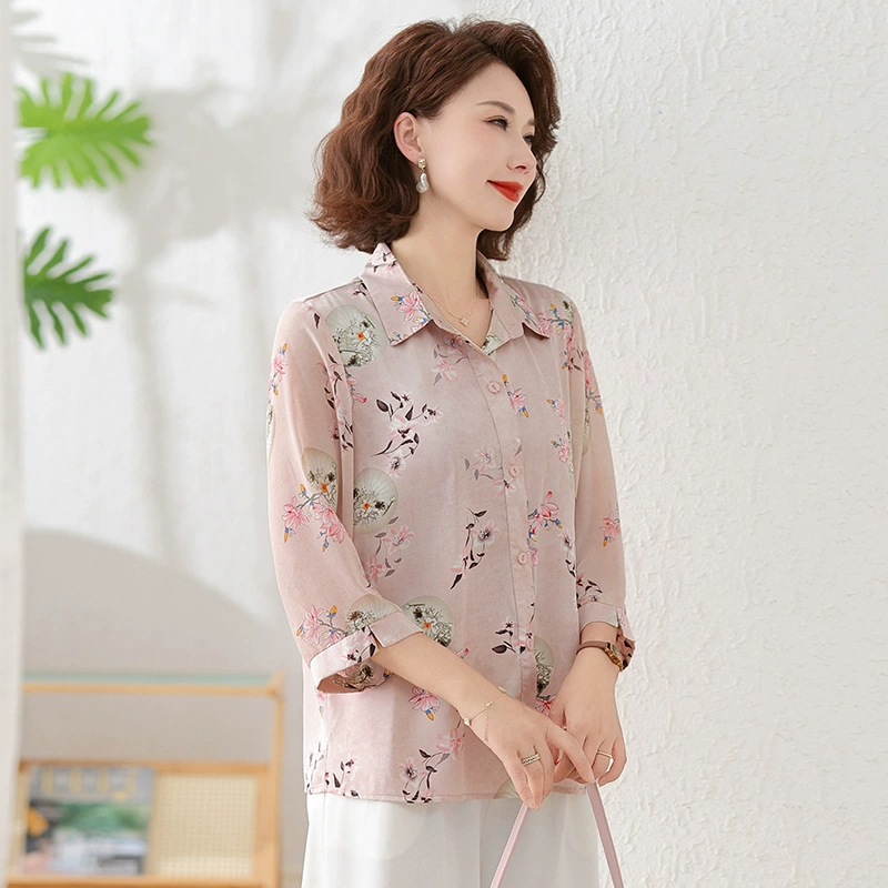 Летние тонкие рубашки для женщин среднего и пожилого возраста, бабушкины рубашки с рукавом три четверти, свободные топы для мам, женские шифоновые рубашки.