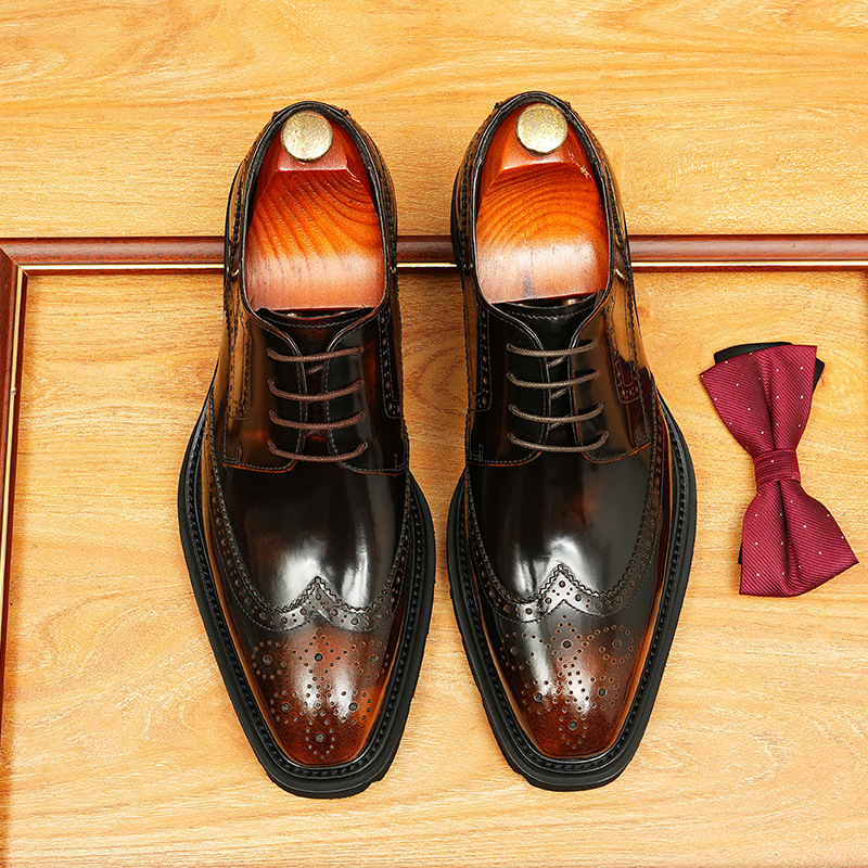 [pies] zapatos de cuero genuinos para hombres de negocios británicos cuero de vaca tallado en el interior con tirantes de cabeza cuadrada y zapatos de hombre marrones para bodas del novio image 8