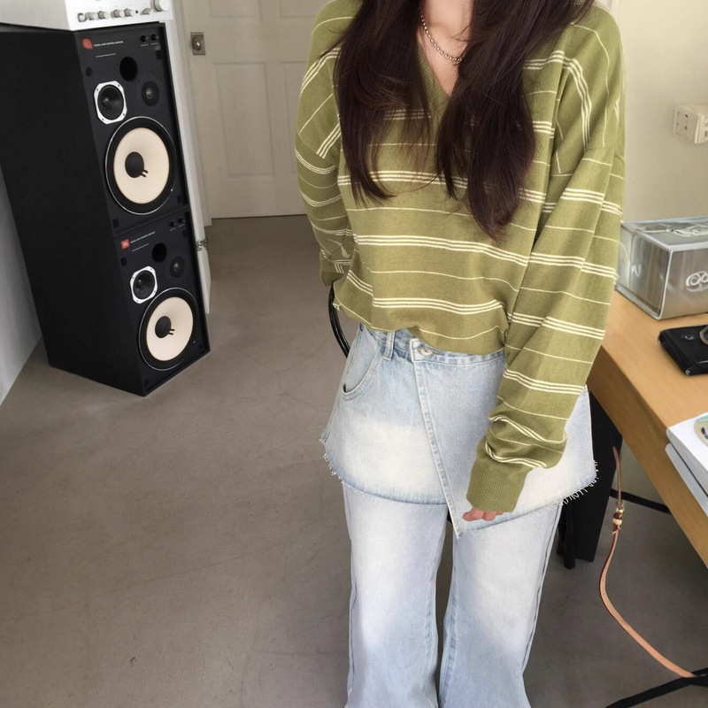 韩国chic2025秋季新款韩版百搭简约V领条纹针织衫长袖上衣女|undefined