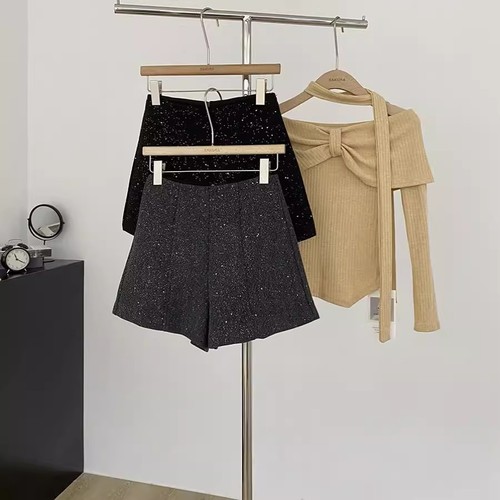 Stylish Sheathes with Spangles, Woolen Shorts for Women, Autumn/Winter High-Waisted Slimming A-Line Wide-Leg Casual Boots and Pants