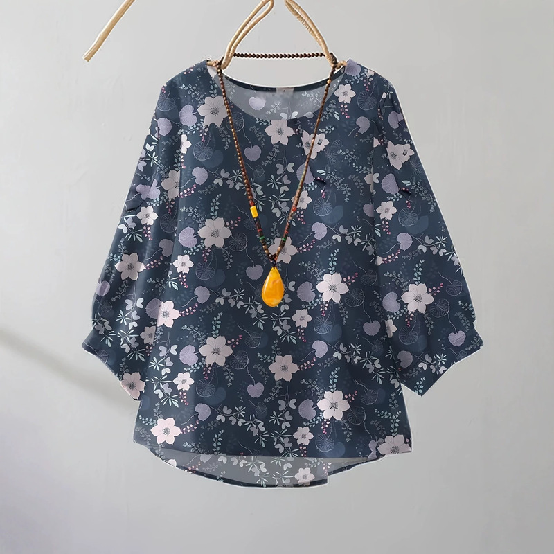 Cross-Border Japanese and Korean Women's 3/4 Sleeve Top Korean-Style Plant Print Shirt Fashionable O-Neck Loose Top Cross-Border Japanese and Korean Women's 3/4 Sleeve Top Korean-Style Plant Print Shirt Fashionable O-Neck Loose Top