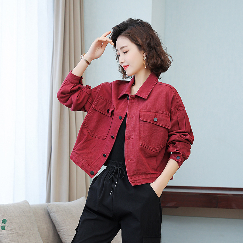 Burgundy Denim Jacket for Women 2026 Spring New Korean Style Loose Retro Versatile Long-Sleeve Jacket Top