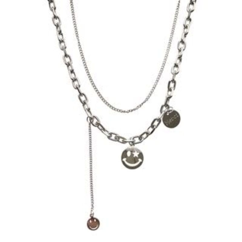 Ins Style Hip-Hop Smiley Face Necklace Women's Smile Chain Necklace Light Luxury Niche Design Sense Titanium Steel Neck Double-Layer Accessories