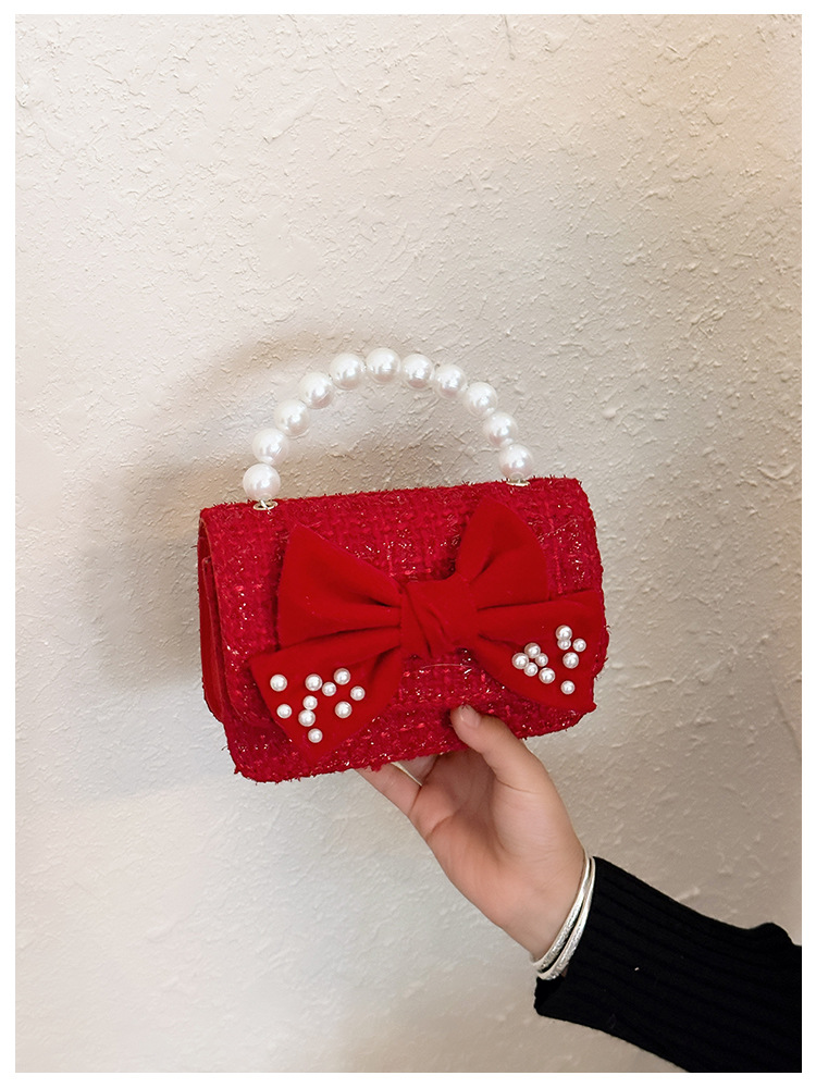 Women's Cotton And Linen Plaid Cherry Bow Knot Cute Beading Pearls Shell Flip Cover Crossbody Bag display picture 37