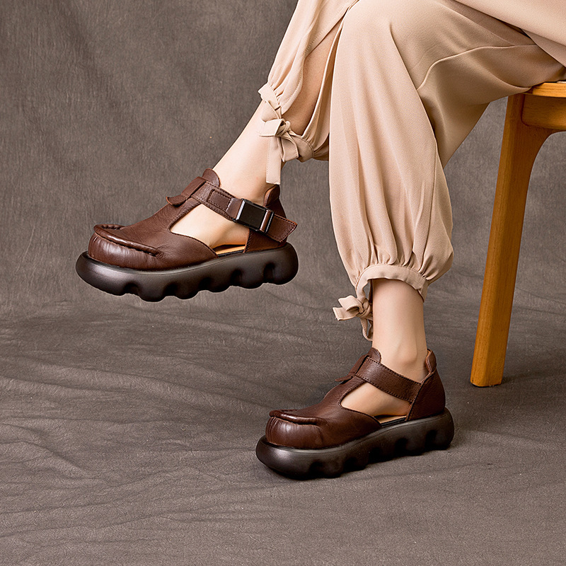 2025 New Casual Style Comfortable Genuine Leather Women's Sandals Thick Sole Hollow Comfortable Wide Toe Breathable Hole Cowhide Women's Shoes 2025 New Casual Style Comfortable Genuine Leather Women's Sandals Thick Sole Hollow Comfortable Wide Toe Breathable Hole Cowhide Women's Shoes