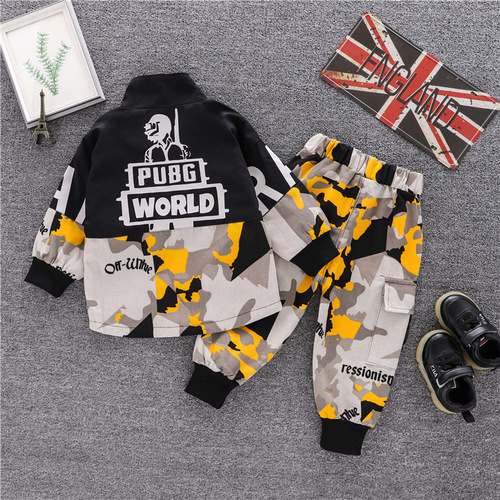 Children's Camouflage Two-Piece Set, Small Boys' Stand Collar Autumn Wear, New Casual Children's Clothing, Letter Zipper Suit for Kids