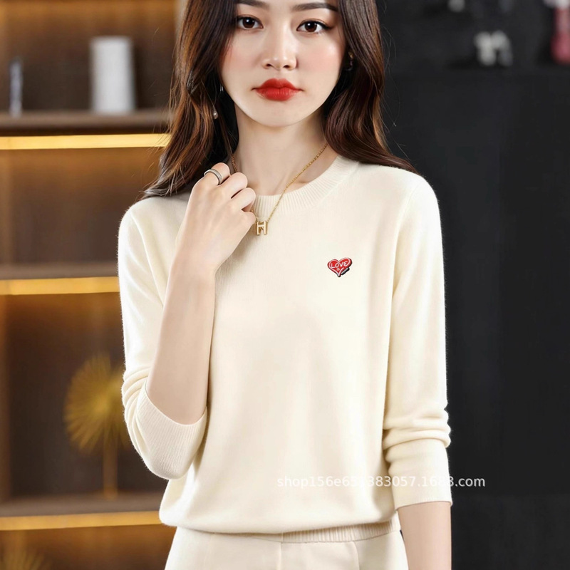 Love Embroidered Knitted Bottoming Shirt, Fashionable Autumn and Winter Warm and Cold-Proof Single Wear Pure Color Top # 2569