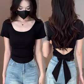 纯欲风蝴蝶结露背短袖恤女年夏季新款甜辣妹修身显瘦短上衣