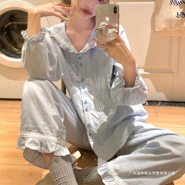 Korean Ins Women's Spring & Fall New Products Women's Simple and Gentle Navy Style Collar Soft and Waxy Fresh Home Wear Pajamas Set