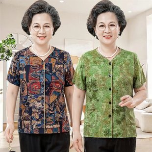 Middle-aged and elderly women's cotton silk shirt summer round neck mother's shirt grandma short sleeve artificial cotton top cardigan