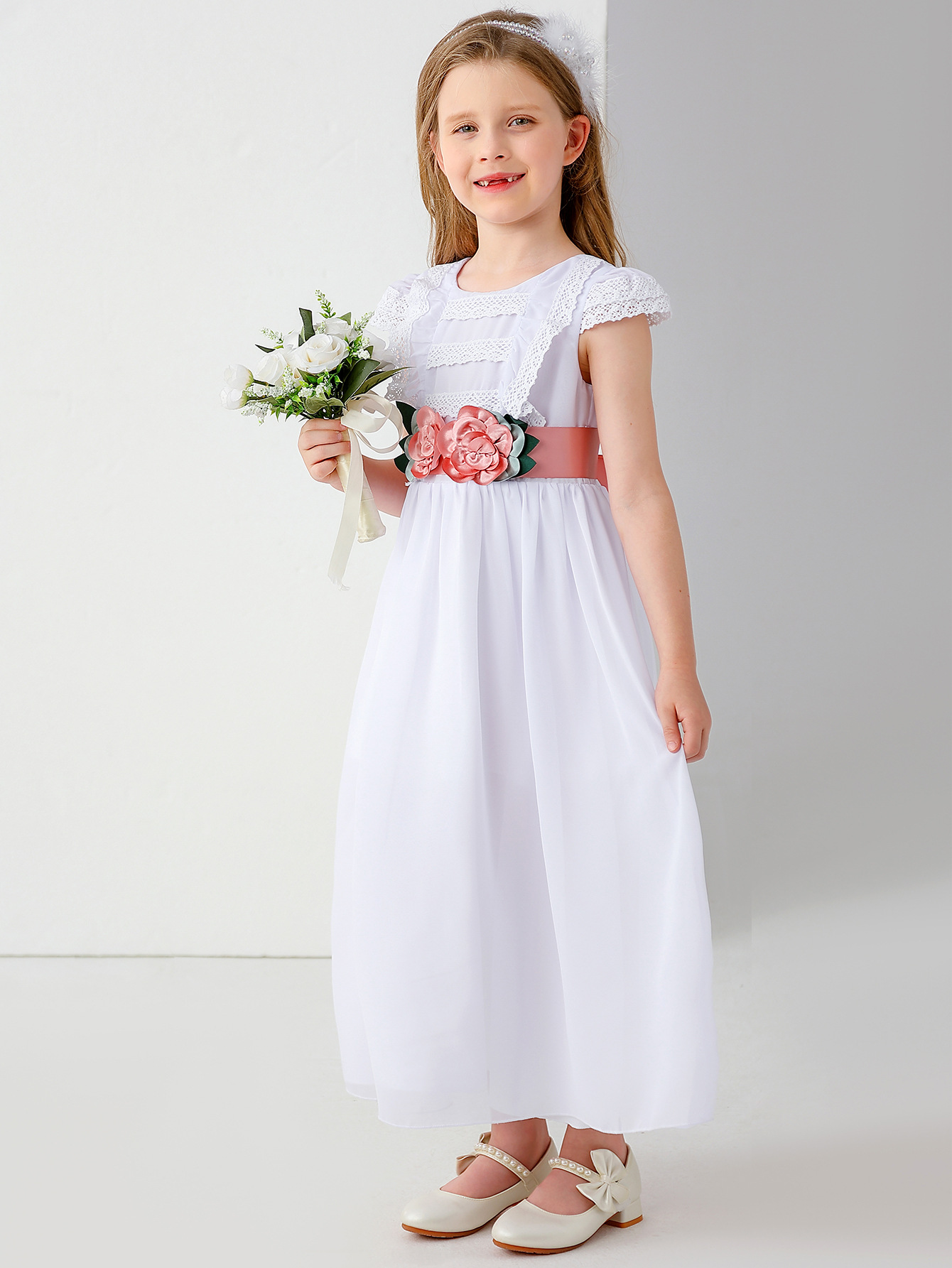 Vestido de novia para niños comercio exterior transfronterizo europeo y americano niña de las flores lazo encaje niña espectáculo princesa vestido vestido largo