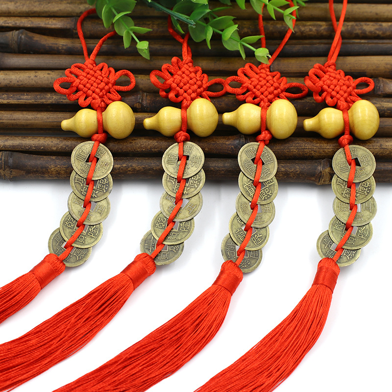 Wooden Gourd Five Emperors Coin Pendant, Alloy Five Emperors Coin Charm, Chinese Knot Decoration, Door-to-Door Feng Shui Hanging Ornament—Factory Wholesale