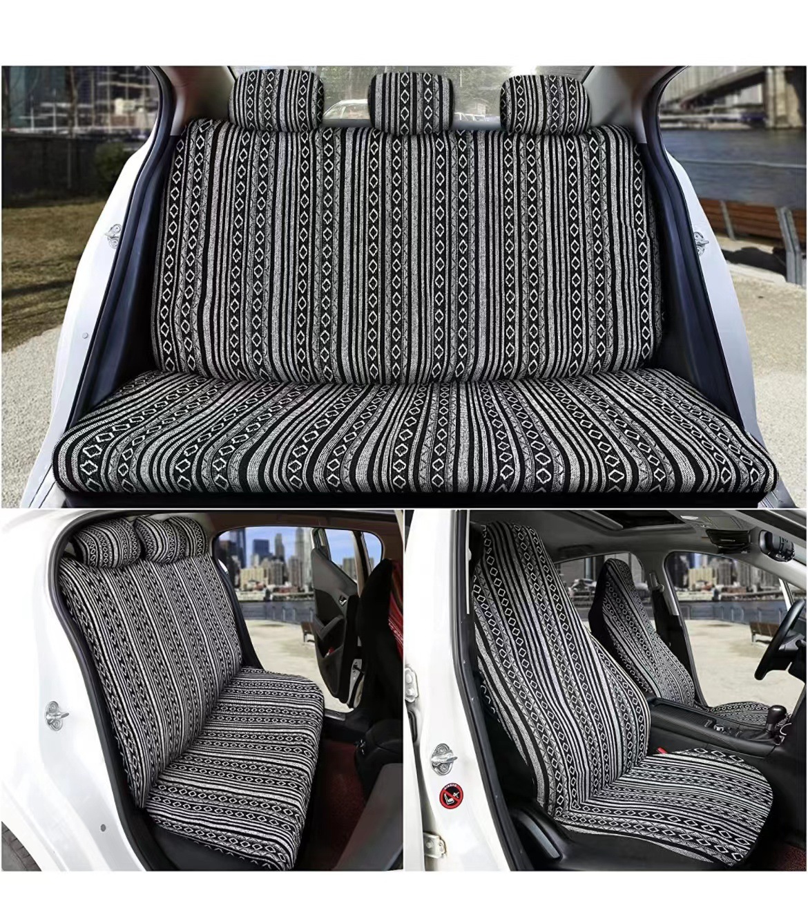 Cubierta de asiento de coche de comercio exterior transfronterizo de lino estilo étnico retro transpirable absorbente de sudor gris y blanco Plaid conjunto de 19 piezas Amazon image 3