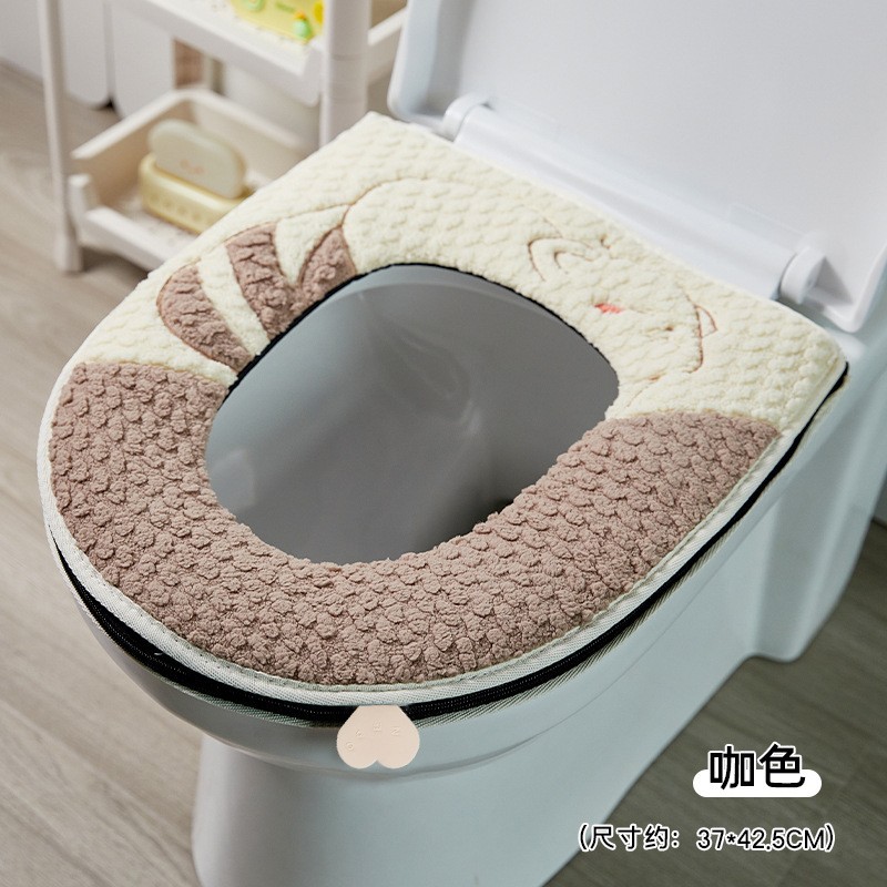 Alfombrilla de inodoro de felpa con cremallera de perro volador, costura simple de otoño e invierno, color de contraste, cojín de inodoro general para uso doméstico grueso y cálido