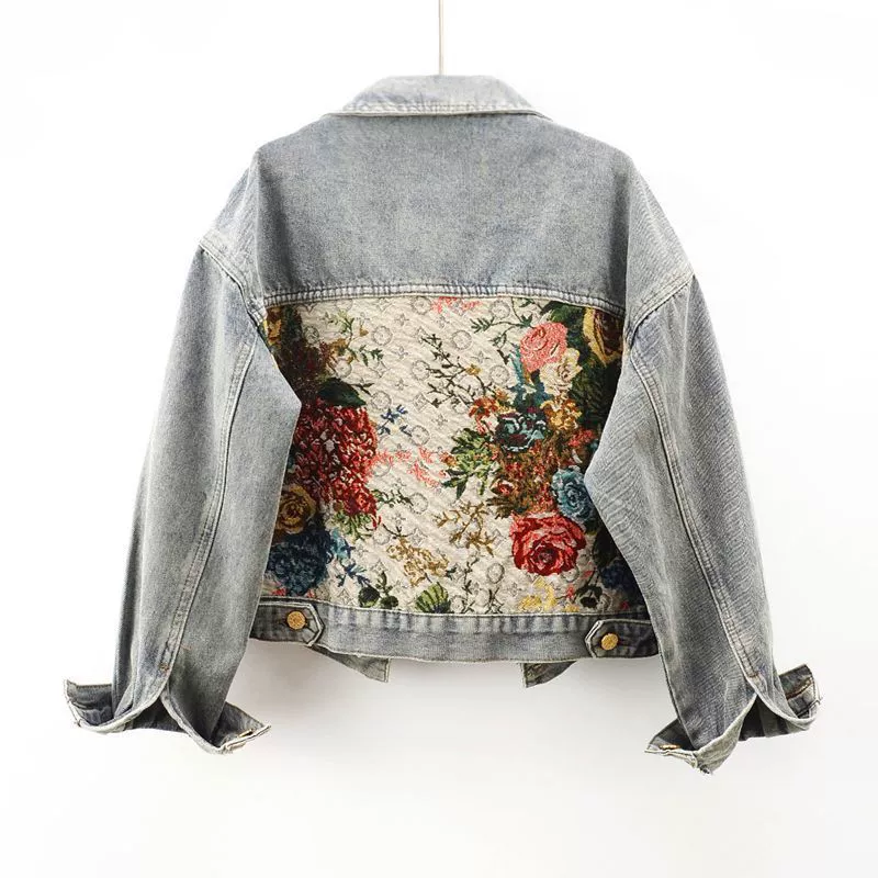Denim short jacket, oversized loose fit with floral patchwork, cropped style
