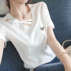 2025 新しい夏のダイヤモンド半袖 Tシャツ女性の V ネック純綿韓国スタイルルーズ痩身多用途大きいサイズの女性のトップ